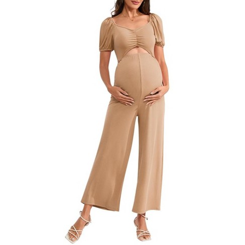 Whizmax Women s Maternity Summer Cutout Jumpsuits Puff Short Sleeve Sweetheart Neck Ruffle Casual High Waist Wide Leg Rompers Light Brown Xl Target