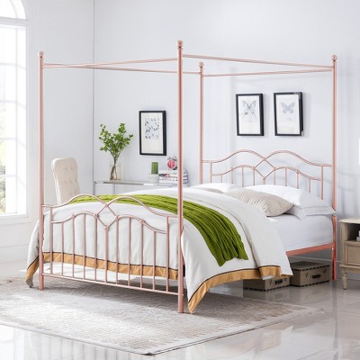 JUJABU Queen Size Metal Canopy Bed Frame with Sturdy 4-Post, No Box Spring Needed