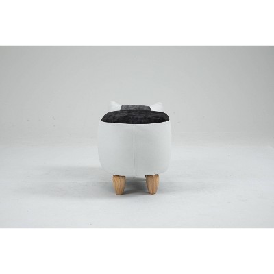 Whimsical White and Gray Cat Storage Ottoman with Wood Legs