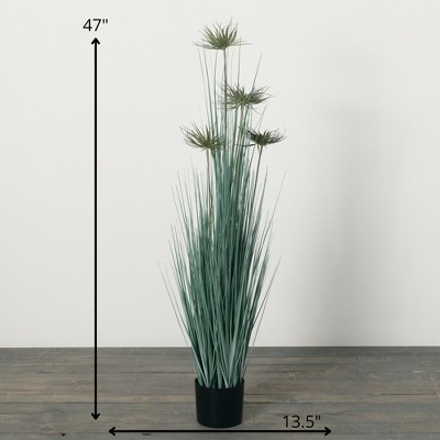 47" Green Plastic Grass Topiary in Woven Basket
