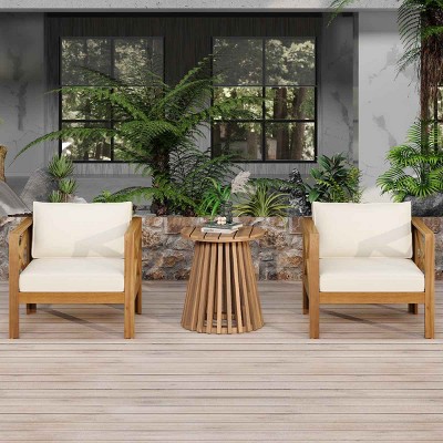 3 Piece Wood Patio Conversation Set with Cushions, 2 Outdoor Club Arm Chair and Patio Side Table Set, Acacia Wood Patio Seating Set-Coolbibila