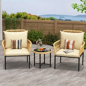 3 Piece Wicker Patio Furniture Set with Metal Frame, All-Weather Outdoor Furniture with 2 Cushioned Chairs and Round Glass Coffee Table - 1 of 4