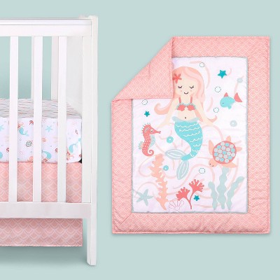The Peanutshell Pink Mermaid Kisses Microfiber Baby Crib Bedding Set - 3pc