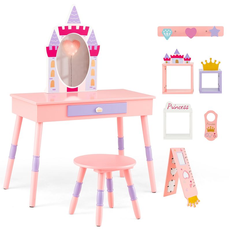 Costway Kids Vanity Set Princess Makeup Pretend Play Dressing Mirror Castle Girls Pink, 2 of 11