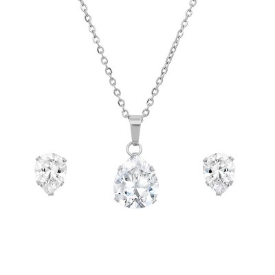 Steeltime 18" stainless steel simulated pear shape diamonds earrings/pendant set