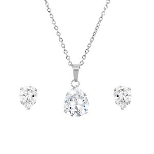 Steeltime 18" stainless steel simulated pear shape diamonds earrings/pendant set - 1 of 4