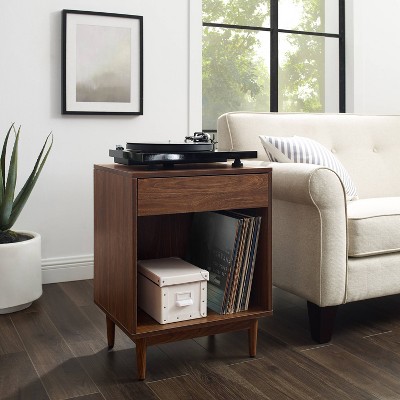 Liam Mid-Century Walnut Wood Side Table with Record Storage