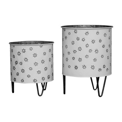 Set of 2 White Floral Pattern Galvanized Metal Planters - Foreside Home & Garden