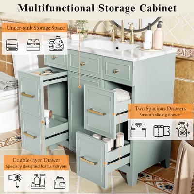 36" Green Solid Wood Bathroom Vanity with Ceramic Sink and Storage