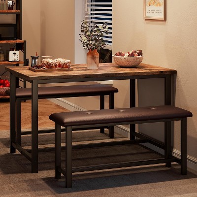 Vintage Kitchen Dining Set with Table and 2 Upholstered Benches, Perfect for Small Spaces and Seating for Two