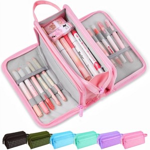 Generic Large Pencil Case, Big Portable Canvas Stationery Organizer with Zipper, Cute Aesthetic School Supplies  Pink with Plaid - 1 of 4