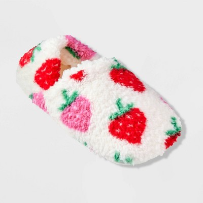 Image of Women's Strawberry Print Cozy Fleece High Cut Pull-On Slipper Socks with Grippers - Ivory/Red M/L