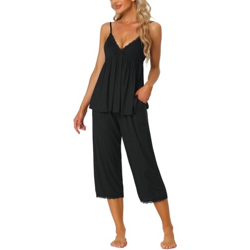 Women's Casual Modal Pajamas Sets Lace Trim Cami Tops Long Pants Sleepwear