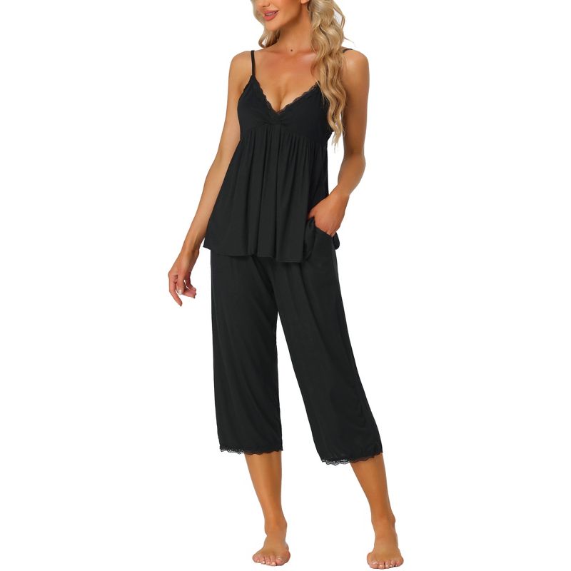 cheibear Womens Sleepwear Modal V-Neck Camisole with Capri Pants Pajama Set, 1 of 6