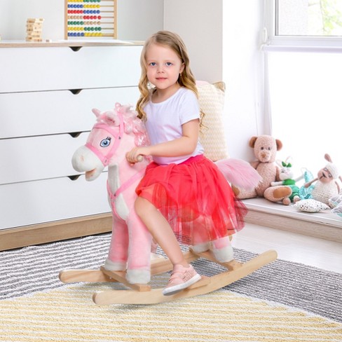 Qaba Kids Plush Toy Rocking Horse Ride On With Realistic Sounds Pink ...