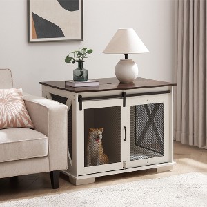 Gulches Farmhouse Dog Cage with Sliding Barn Door & Flip-Top, Wooden Kennel End Table for Small,Medium,Large Dogs - White - 1 of 4