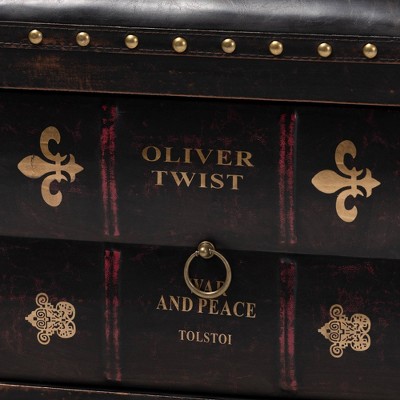 Charlier Rustic Dark Brown Faux Leather Storage Ottoman with Book Spine Drawer