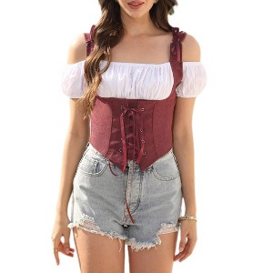 Women Costume Fake Two Piece Strappy Vintage Corset Vest Pirate Medieval Viking Steampunk Gothic Tank Top - 1 of 4