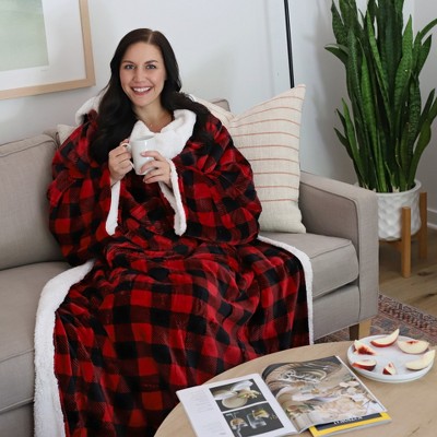 Red Check Sherpa Fleece Wearable Blanket with Sleeves