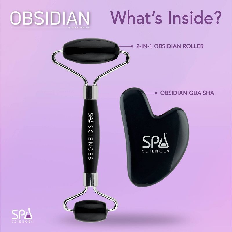 Spa Sciences Black Obsidian Stone Gua Sha with Bonus Roller Massage Tool - 2pk, 5 of 14
