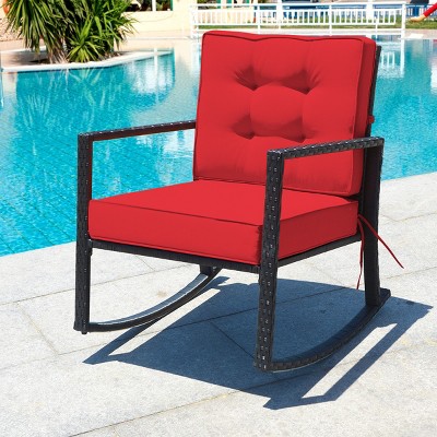 Red Wicker and Metal Outdoor Rocking Chair with Cushions