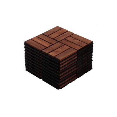 Acacia Wood Interlocking Deck Tiles - 12"x12" Brown Checker Pattern Outdoor Flooring for Patio, Balcony & Poolside