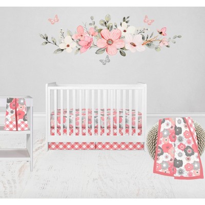Bacati - Watercolor Floral Coral Gray 4 pc Baby Crib Bedding Set with Diaper Stacker for Girls 100% cotton fabrics