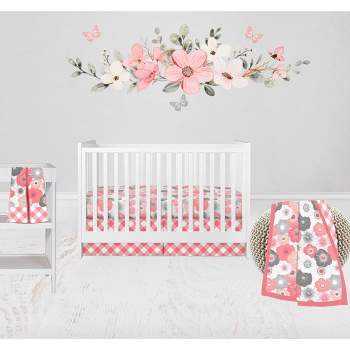 Bacati - Watercolor Floral Coral Gray 4 pc Baby Crib Bedding Set with Diaper Caddy for Girls 100% cotton fabrics
