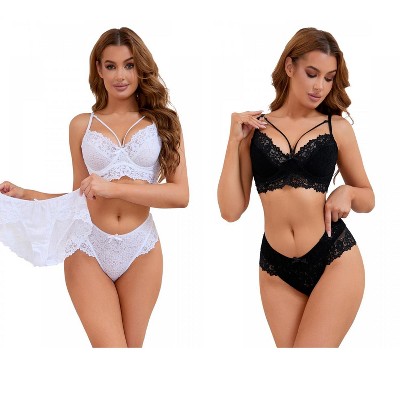 INSPIRE CHIC 2 Sets Women's Cross-Straps Bralette and Panty Mesh Floral Lace Bra and Underwear