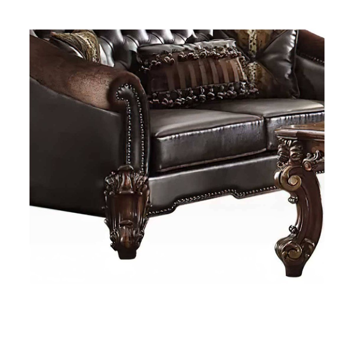 67" Vendome II Sofa Two Tone Dark Brown Synthetic Leather and Cherry Finish - Acme Furniture: Baroque Inspired, Crystal Button Tufting - thumbnail 6