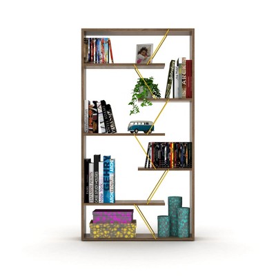Wood Frame Etagere Open Back 6 Shelves Bookcase Industrial Bookshelf, Bookcases Large Bookshelf Organizer, Walnut/Yellow
