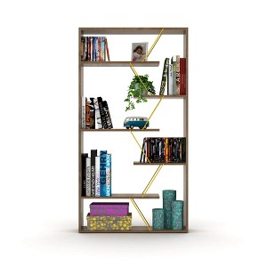 Wood Frame Etagere Open Back 6 Shelves Bookcase Industrial Bookshelf, Bookcases Large Bookshelf Organizer, Walnut/Yellow - 1 of 4