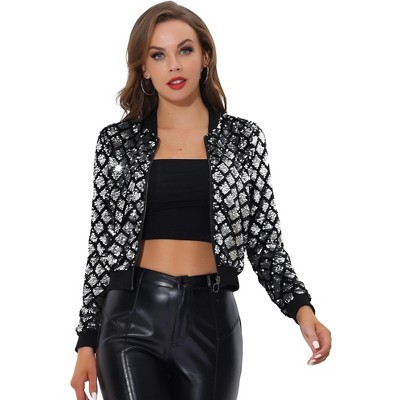INSPIRE CHIC Women's Sequin Long Sleeve Zipper Up Glitter Bomber Jacket