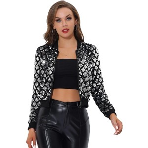 INSPIRE CHIC Women's Sequin Long Sleeve Zipper Up Glitter Bomber Jacket - 1 of 4