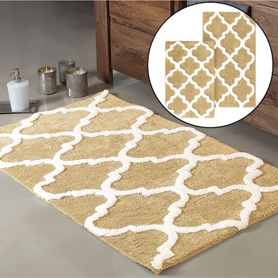Home Mart Goods Beige 2 Piece Trellis Plush Soft Cozy 100% Cotton Bath Mat Set