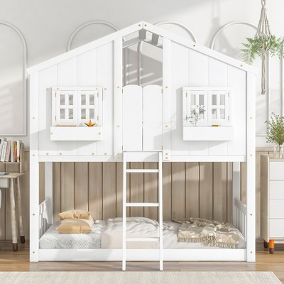 Twin Over Twin Wood House Bunk Bed With Roof , Window, Safety ...