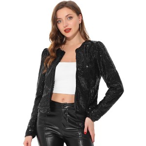 Allegra K Women's Long Sleeve Sparkly Sequin Crop Open Front Jackets - 1 of 4