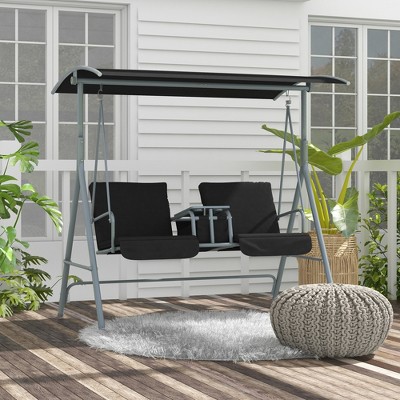 Black Metal 2-Person Porch Swing with Canopy and Cushions