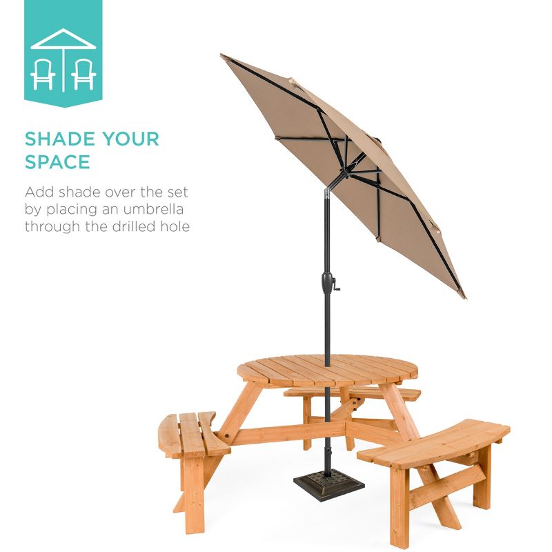 Best Choice Products 6-Person Circular Outdoor Wooden Picnic Table w/ 3 Built-In Benches, Umbrella Hole, 5 of 9