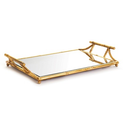 Plum & Post 15.35" x 22.44" Daphne Mirrored Premium Gold Decorative Table Tabletop Tray w/ Raised Handles