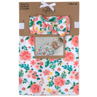 Baby Essentials Coral Floral Swaddle Blanket and Headband