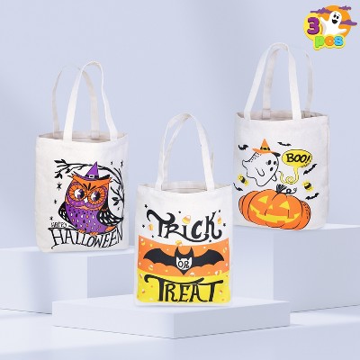 Joyfy 3PCS Halloween Goodie Candy Bags for Trick or Treating, 13.75” Reusable White Canvas Gift Snack Tote Bag with Handles Party Favor Supplies