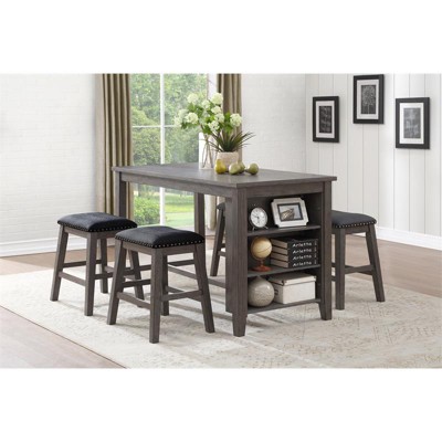 Transitional Gray Leather Wood Counter Stools with Nailhead Trim (Set of 2)