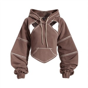 Clotth Women's Cutout Super Crop Hoodie - Color Block Backless Long Sleeve, Hip Hop Pullover Top, Sweatshirt with Contrast Stitching - 1 of 4