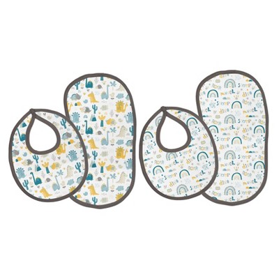 Bacati - Little Dino Boys Teal/Yellow Muslin 4 pc Bibs/Burpies