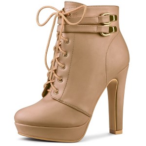 Allegra K Women's Lace Up Round Toe Platform Block Heels Ankle Boots - 1 of 4