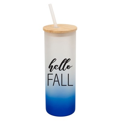 Elanze Designs Hello Fall Autumn Season Wrap-Around Design 25 Ounce Frosted Gradient Glass On-The-Go Coffee Travel Skinny Tumbler Mug Cup, Bamboo Lid