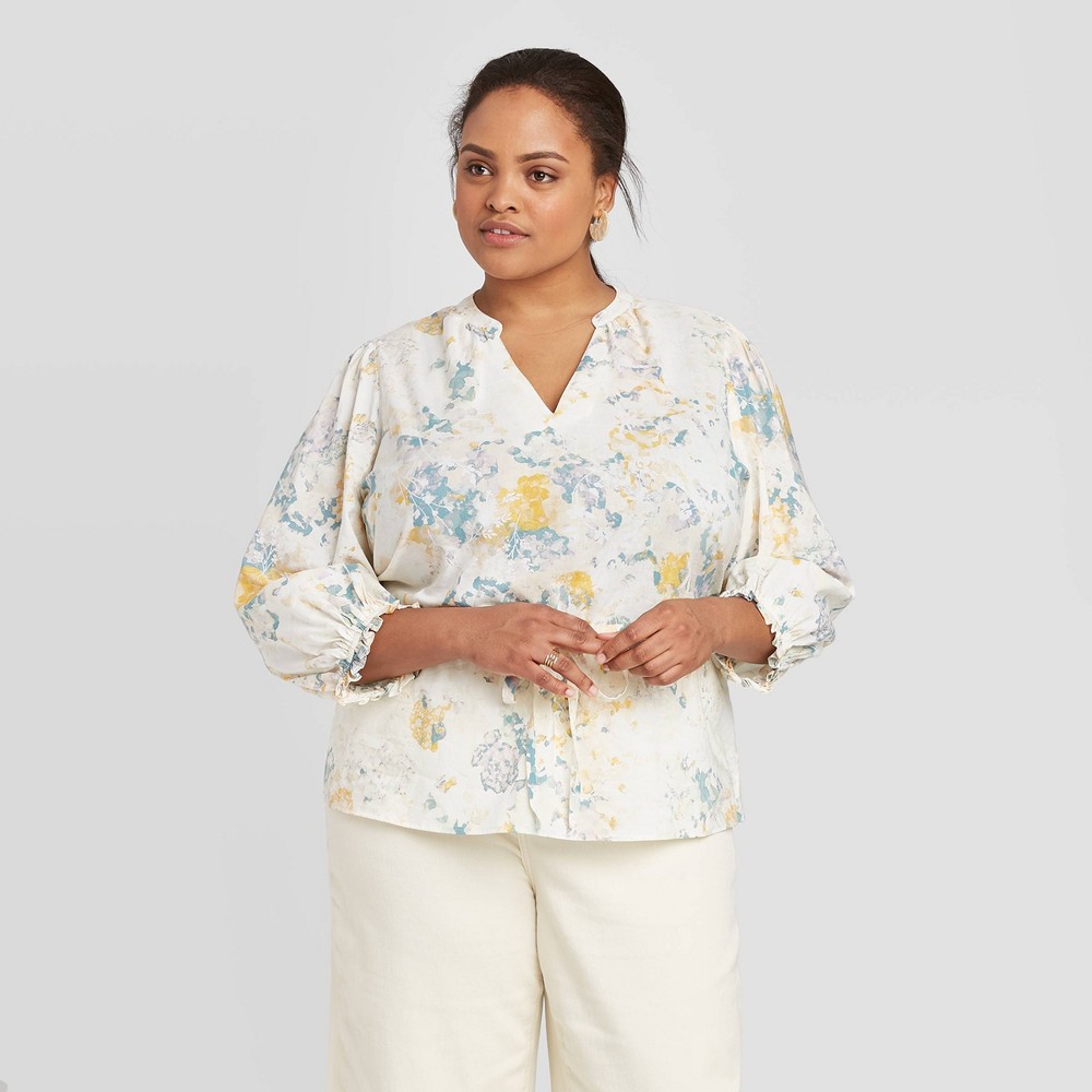 Women's Plus Size Floral Print 3/4 Sleeve Tie Waist Blouse - A New Day Cream 3X, Beige was $24.99 now $17.49 (30.0% off)