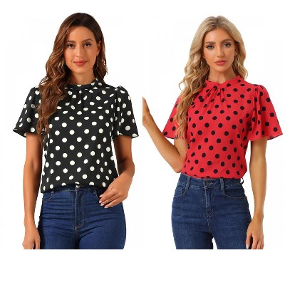 INSPIRE CHIC Women's Polka Dots Stand Collar Pleat Keyhole Back Short Flare Sleeve Tops 2 Packs
