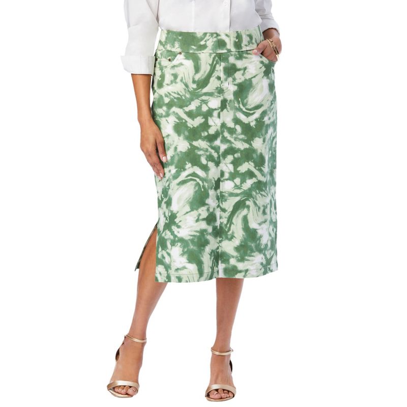 Jessica London Women's Plus Size Casual Comfort Elastic Waist Stretch Denim Midi Skirt, 1 of 2